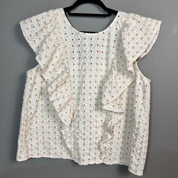 Sezane Top Forta Blouse XXL / Size 12 Sleeveless Ruffle Blouse Eyelet Cotton - Picture 7 of 12